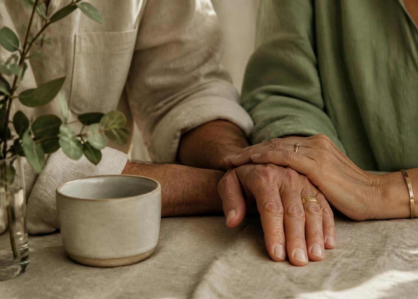 Two hands resting together on a linen table in warm morning light